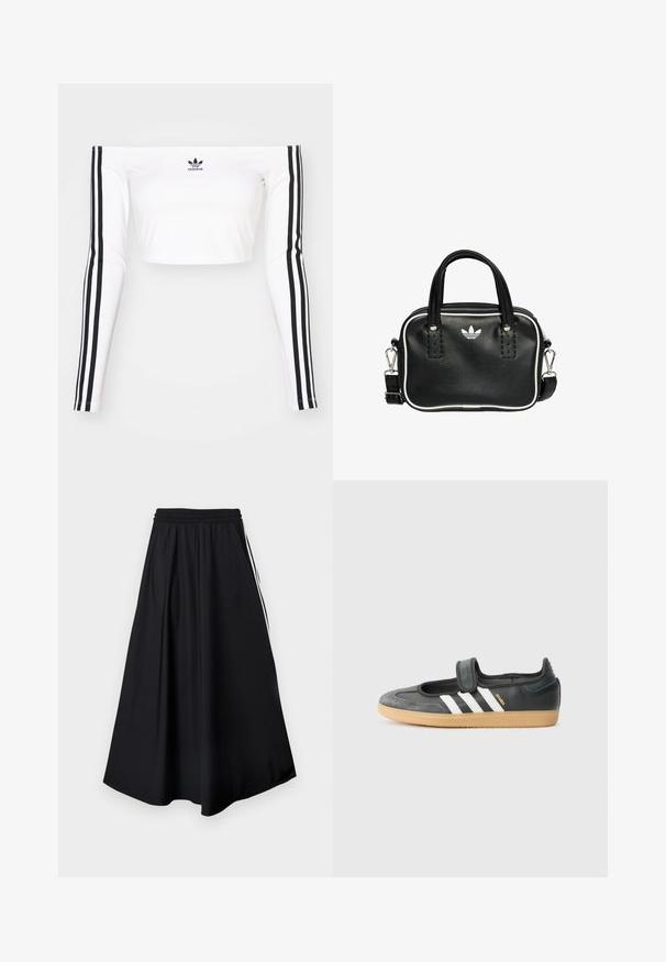 Hvid langærmet off-shoulder crop top i strækbart stof. Har sorte tre-stribede detaljer på ærmerne og et lille sort logo på brystet.; Sorte bukser med vidde i benene, elastisk talje og hvide sidestriber, vist mod en simpel hvid baggrund.; Sort læder- og ruskinds sneakers med en Velcro-rem, der har tre hvide striber og en gummisål, mærket "SAMBA" på siden.; Sort læderhandtaske med to korte håndtag, sølvhardware, hvide accenter og et hvidt logo. Har en struktureret overflade og et kompakt design.
