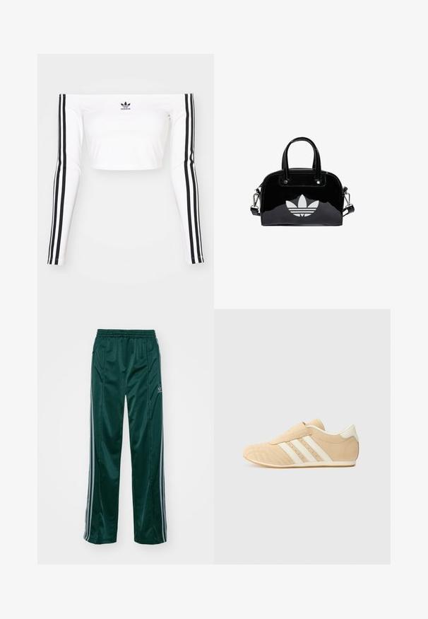 Hvid langærmet off-shoulder crop top i strækbart stof. Har sorte tre-stribede detaljer på ærmerne og et lille sort logo på brystet.; Mørkegrønne træningsbukser lavet af skinnende materiale, med sidelister i lys grå og et broderet logo på venstre ben.; Brune og creme atletiksko med overdel i glat læder, tre hvide striber på siden og en rund tå. Tekstureret overdel med perforeringer.; Sort patentlæder håndtaske med rund form, to top-håndtag, sølvdetaljer og en fremtrædende hvid logo på fronten.