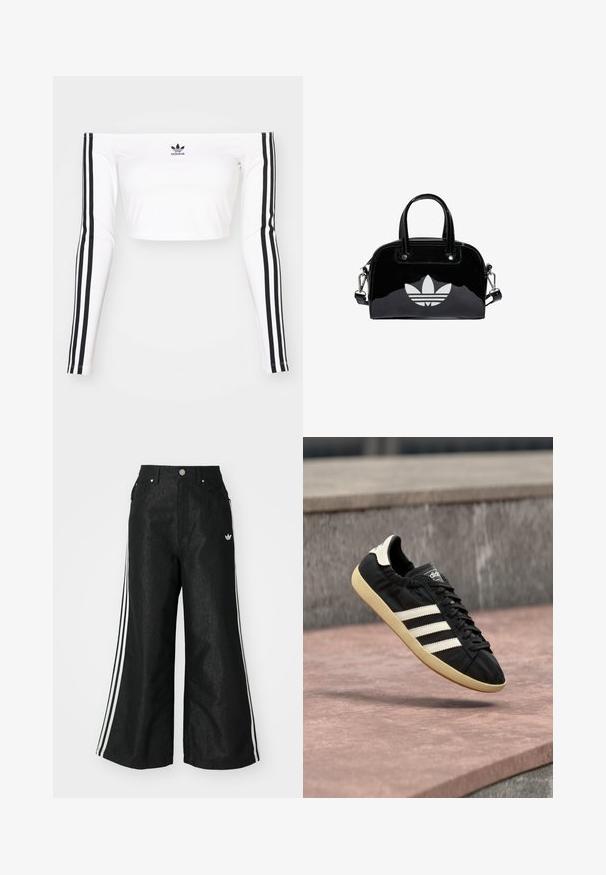 Top corto blanco de manga larga y sin hombros en tejido elástico. Presenta acentos en negro con tres rayas en las mangas y un pequeño logo negro en el pecho.; Pantalones de denim anchos y negros con tres franjas blancas en cada lado y un pequeño logo blanco. Cuenta con bolsillos frontales y un cierre de botón.; Zapatilla negra Adidas con rayas blancas y suela beige, capturada en el aire sobre una superficie de piedra y con fondo de muro de piedra.; Bolso de mano de charol negro con forma redondeada, dos asas en la parte superior, acentos plateados y un prominente logotipo blanco en la parte delantera.