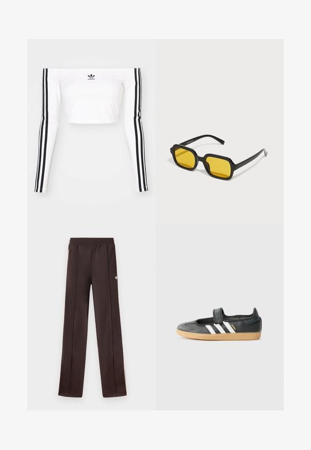 Biely dlhý rukáv top bez ramienok v pružnom materiáli. Má čierne trojprúžkové akcenty na rukávoch a malé čierne logo na hrudi.; Tmavohnedé tepláky Adidas s elastickým pásom, bočnými vreckami so zipsom a malým bielym logom Trefoil na pravom stehne.; Čierne kožené a zamšové tenisky s Velcro pásikom, s tromi bielymi pruhmi a gumenou podrážkou, označené nápisom "SAMBA" na boku.; Čierne obdĺžnikové slnečné okuliare so žltými šošovkami. Vlastnosti zahŕňajú hrubé rámiky a uhlovú konštrukciu s hladkým, lesklým povrchom.