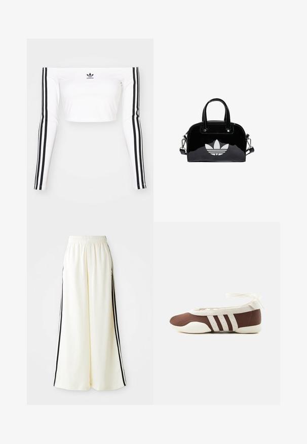 Top corto blanco de manga larga y sin hombros en tejido elástico. Presenta acentos en negro con tres rayas en las mangas y un pequeño logo negro en el pecho.; Pantalones anchos blancos con cintura elástica y rayas verticales negras a lo largo de las costuras exteriores.; Zapato plano de ballet marrón y blanco con tres franjas blancas y lazo para atar en el tobillo sobre un fondo claro y sencillo.; Bolso de mano de charol negro con forma redondeada, dos asas en la parte superior, acentos plateados y un prominente logotipo blanco en la parte delantera.