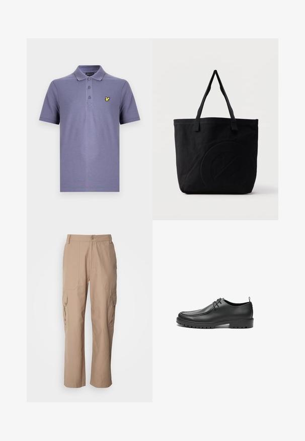 Lilla poloshirt med tre-knaps lukning, korte ærmer og et lille gult fuglelogo på venstre bryst. Bomuldsblanding.; Khaki cargo shorts lavet af letvægtsstof, med to sidelommer, knaplukning og lige ben-design.; Sorte lædersko med en glat overflade, rund tå og dekorativ stikning. Har en gummisål med skridsikre spor og snørebåndsdesign.; Sort canvas-tote-taske med to skulderstropper og et diskret præget cirkeldesign på fronten.