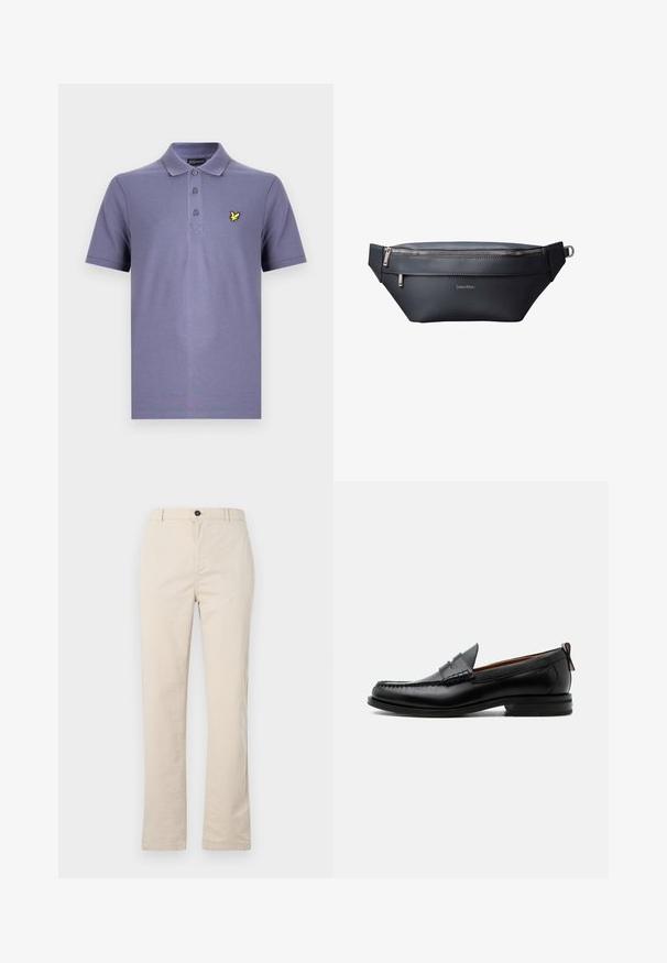 Paarse poloshirt met een knoopsluiting met drie knopen, korte mouwen en een klein geel vogel-logo op de linkerborst. Gemaakt van een katoenblend.; Lichtbeige katoenen broek met een rechte pijpdesign, voorzien van een knoopsluiting aan de voorkant, een ritssluiting en minimale stikdetails.; Zwarte leren herensloffen met moc toe stiksel, pennyriem, gestructureerde kraag en lage gestapelde hak op witte achtergrond.; Zwarte leren Calvin Klein heuptas met twee compartimenten met rits en een verstelbare band met metalen gesp.