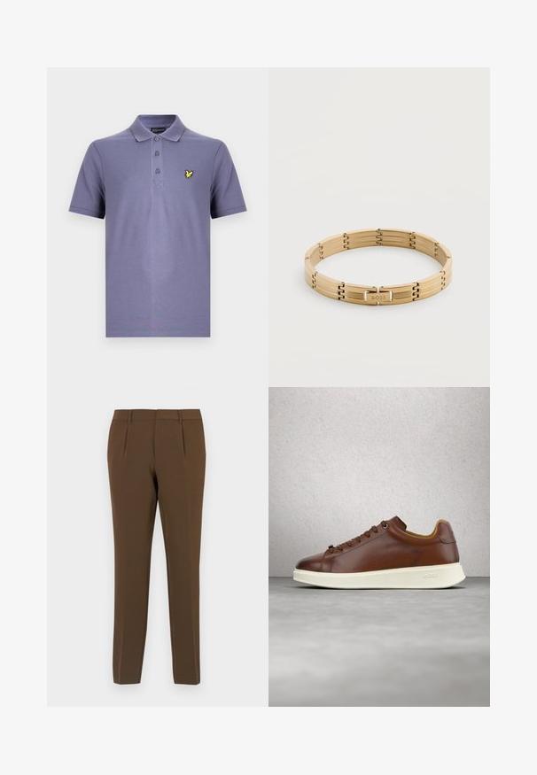 Camisa tipo polo púrpura con una tapeta de tres botones, mangas cortas y un pequeño logo de un pájaro amarillo en el lado izquierdo del pecho. Tejido de mezcla de algodón.; Pantalones marrones a medida con una textura suave, que presentan dos pliegues frontales, piernas rectas y pasadores para cinturón. Diseño limpio y minimalista.; Zapatilla deportiva de cuero marrón con suela de goma blanca, con cordones redondos, acabado texturizado e interior en contraste de color tostado. Logotipo de la marca en relieve.; Pulsera de metal con tono dorado, eslabones y placa rectangular grabada con "BOSS", descansando sobre una superficie blanca lisa.