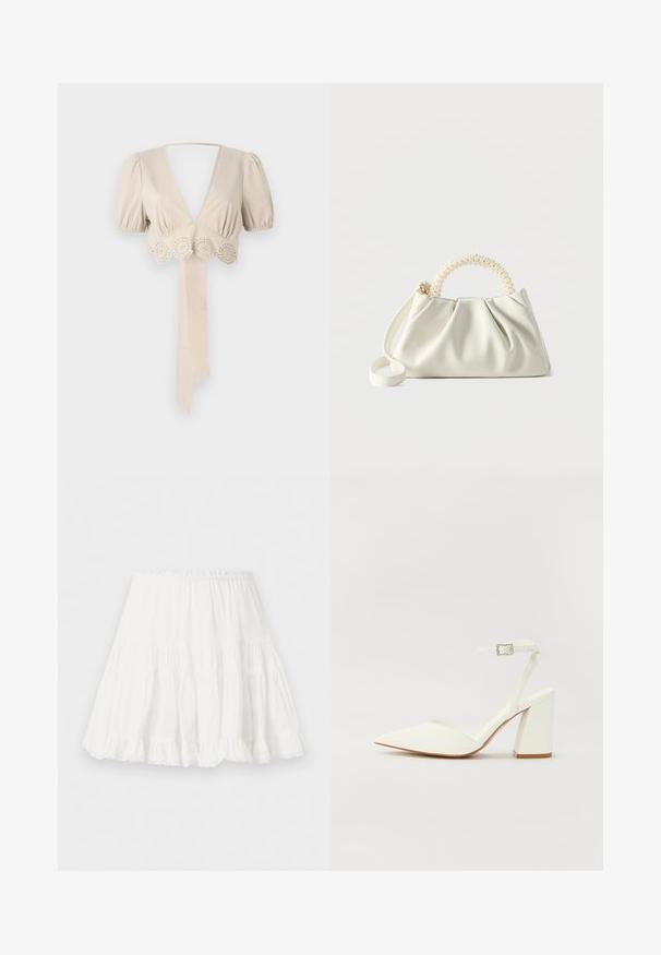 Top court beige avec des manches bouffantes, décolleté en V profond et bordure décorative en œillets à l'ourlet. Comprend une ceinture en tissu nouée. Texture lisse.; Jupe blanche à volants avec taille élastique et ourlet volanté, fabriquée en tissu léger.; Sandale blanche à talon avec un bout pointu, sangle de cheville réglable et un talon carré épais. Texture lisse avec des détails de couture minimaux.; Petit sac à main blanc avec un corps froncé, une poignée ronde ornée de perles et une bandoulière amovible sur un fond uni.