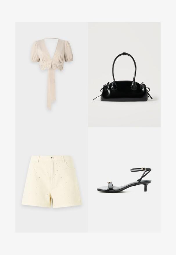 Top court beige avec des manches bouffantes, décolleté en V profond et bordure décorative en œillets à l'ourlet. Comprend une ceinture en tissu nouée. Texture lisse.; Shorts en denim jaunes avec une taille haute et une coupe décontractée, ornés de petits clous en argent éparpillés sur le devant pour un effet de détail.; Sandale noire en cuir à bout ouvert avec petit talon kitten, fine bride de cheville avec boucle dorée et accent décoratif doré sur la bride avant.; Petit sac à main noir brillant avec deux longues anses et des détails à cordon sur les côtés sur un fond clair uni.