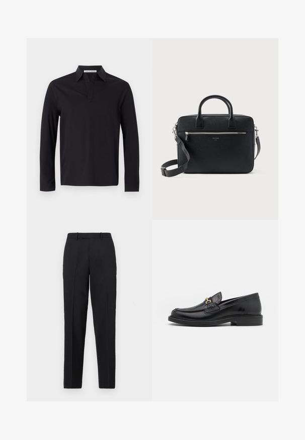 Tiger of Sweden TRUANE - Pikkade varrukatega topp - black; Theory STRAIGHT - Püksid - deep black; Mustad nahast loafers ümarate varvastega, millel on kuldne riistvaraline aksessuaar ja tikandite detail, paigutatud madalale, tekstureeritud kummist tallale.; Must tekstuuriga ristkülikukujuline nahast portfell kahe käepideme, esikülje tõmblukuga tasku ja reguleeritava õlarihmaga, kujutatud valgel taustal.