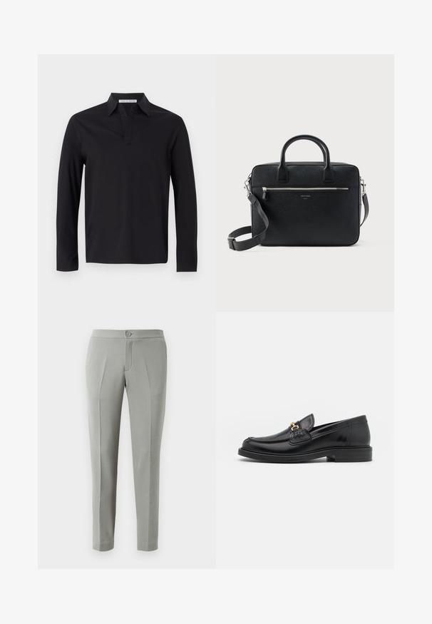 Tiger of Sweden TRUANE - Pitkähihainen paita - black; Harmaat muotihousut, joissa on sileä pinta, etupainike, kaksi etutaskua ja kapenevat lahkeet.; Musta nahkainen loafers-tyylinen kengät, joissa on pyöreä kärki, kultaiset yksityiskohdat ja ompelutiedot, asetettu matalalle, teksturoidulle kumipohjalle.; Musta tekstuuri nahkainen suorakaiteen muotoinen salkku, jossa on kaksi kahvaa, etutasku vetoketjulla ja säädettävä olkahihna, esitetty valkoisella taustalla.