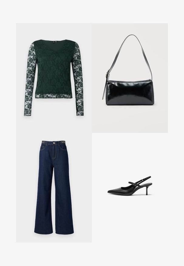Top verde de manga larga hecho de encaje con un patrón floral; presenta un escote en V y una parte del torso de tela sólida, con mangas de encaje transparente.; Los pantalones vaqueros de pierna ancha de denim azul oscuro cuentan con una cintura alta, acentos de cadena dorada en la pretina y detalles de costura en contraste a lo largo de la prenda.; Zapatos de tacón slingback de cuero negro con punta afilada, correa ajustable delgada y un tacón de aguja de aproximadamente 5 cm, textura suave.; Bolso de hombro rectangular negro con una correa ajustable y un cierre de cremallera superior sobre un fondo liso.