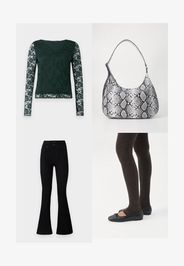 Groene lange mouw top van kant met een bloemmotief; heeft een V-hals en een effen stof op het lijfje, met doorzichtige kanten mouwen.; Pepe Jeans FLARE CONTOUR - Flared Jeans - black denim; Benen met donkere geribbelde leggings gecombineerd met zwarte ballerina's met kleine strikdetails op een witte achtergrond.; Zwart-witte slangenprint schoudertas met een afgeronde vorm, een gladde textuur en een ronde strap. Voorzien van een zilveren hardwareaccent.