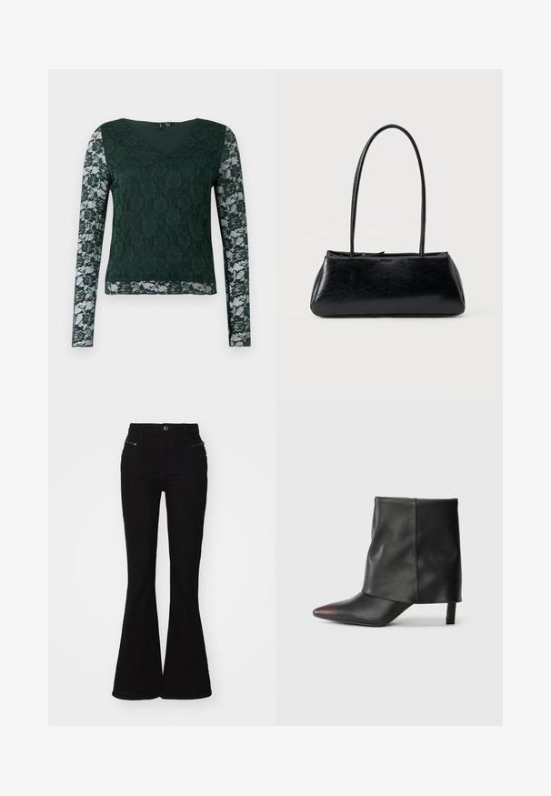 Groene lange mouw top van kant met een bloemmotief; heeft een V-hals en een effen stof op het lijfje, met doorzichtige kanten mouwen.; Zwarte flared jeans met een hoge taille, voorzien van zijzakken en ritssluitingen. Gemaakt van denim met een gladde textuur.; Zwarte enkellaars van glad leer met een puntige neus en een taps toelopende hak. Het bovenwerk heeft een licht geplooid ontwerp.; Zwarte rechthoekige schoudertas met lange dunne banden en een gladde, glanzende textuur op een effen achtergrond.