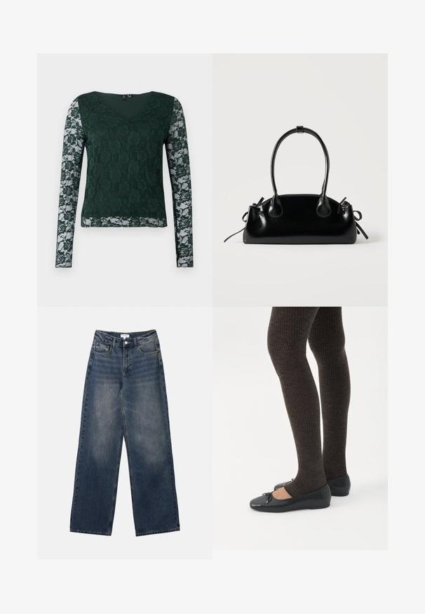 Groene lange mouw top van kant met een bloemmotief; heeft een V-hals en een effen stof op het lijfje, met doorzichtige kanten mouwen.; Heren hoge taille blauwe spijkerbroek met wijde pijpen, vooraan knoop en rits, en voor- en achterzakken.; Benen met donkere geribbelde leggings gecombineerd met zwarte ballerina's met kleine strikdetails op een witte achtergrond.; Kleine zwarte glanzende handtas met twee lange hengsels en zijkant trekkoord details op een effen lichte achtergrond.