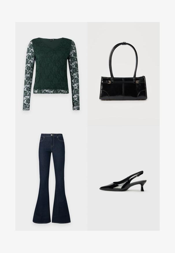 Groene lange mouw top van kant met een bloemmotief; heeft een V-hals en een effen stof op het lijfje, met doorzichtige kanten mouwen.; Donkerblauwe hoge taille denim jeans met uitlopende pijpen, vooraan met knoop en rits, en een vijf-vakken ontwerp.; Zwarte lakleren slingback schoenen met een spitse neus en een lage blokhak. Verstelbare gespband bij de enkel.; Glanzend zwart rechthoekig handtasje met twee dunne schouderbanden en kleine gouden gespsdetails aan de voorkant.