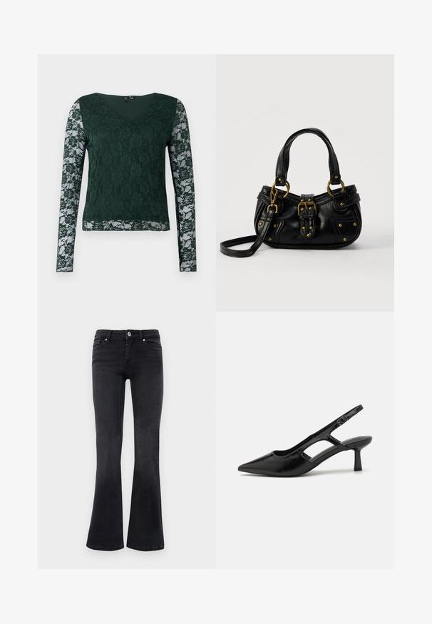 Top verde de manga larga hecho de encaje con un patrón floral; presenta un escote en V y una parte del torso de tela sólida, con mangas de encaje transparente.; Vaqueros bootcut de mezclilla negra con botón frontal, cremallera, trabillas para cinturón y diseño de cinco bolsillos.; Tacones de slingback negros con punta afilada, hechos de material brillante, que presentan acentos recortados y un tacón moderado para mayor soporte.; Bolso de cuero negro con hebilla y detalles de remaches dorados, asas cortas y una correa de hombro ajustable sobre un fondo blanco liso.