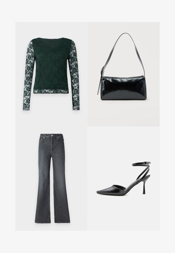 Groene lange mouw top van kant met een bloemmotief; heeft een V-hals en een effen stof op het lijfje, met doorzichtige kanten mouwen.; Donkerdenim, flared jeans met een hoge taille, voorzien van voorzakken, een ritssluiting en een klassiek vijfzakkenontwerp.; Zwarte pumps met puntige neus, dunne enkelbandjes en een zilveren gesp op een effen lichte achtergrond.; Zwarte rechthoekige schoudertas met een enkele verstelbare band en een bovenste ritssluiting op een effen achtergrond.