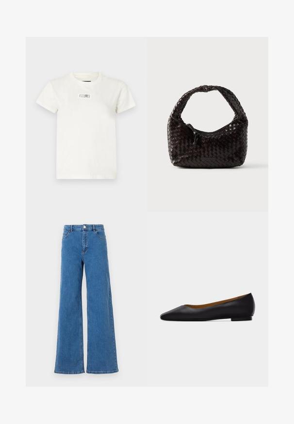 Hvid bomulds T-shirt med korte ærmer, rund halsudskæring og en rektangulær sort trykt label foran med tal og symboler.; Bredde ben blå denim jeans med høj talje, frontlommer og knaplukning. Stoffet har en glat tekstur og et klassisk syningsmønster.; Sort læder flad sko med spids tå, lav hæl og glat finish, vist fra siden på en lysegrå baggrund.; Vævet læderhåndtaske i mørkebrun, rund form med et tykt flettet håndtag. Har lynlåslukning og diskret branding på siden.