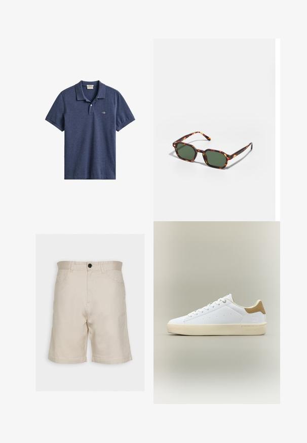 Mørkeblå kortærmet polo med krave, to-knaps stolpelukning og lille broderet logo på venstre bryst.; Selected SLHCOMFORT - Shorts - oatmeal; Hvid lavtop-sneaker med beige sål og tan ruskindshæl, snørebåndsdesign og minimale perforeringsdetaljer på siden.; Skildpaddefarvede solbriller med grønne linser, der har en oktagonal form og slanke, buede arme. Materialet har en blank finish.