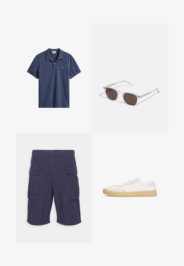 Mørkeblå kortærmet polo med krave, to-knaps stolpelukning og lille broderet logo på venstre bryst.; ASPESI BERMUDA LOU - Shorts - blue; Hvide sneakers lavet af læder og ruskind, med snørestropper, en tan gummisål og et lille logo på siden.; Klare plastik solbriller med rektangulære brune linser, med tynde, transparente stænger og metal accenter på templerne.