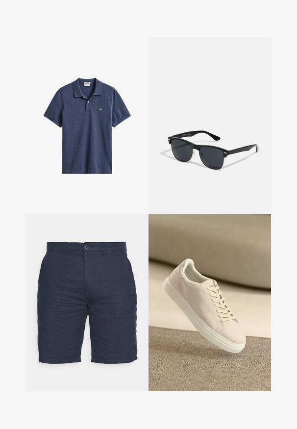 Polo azul marino de manga corta con cuello, tapeta de dos botones y pequeño logo bordado en el pecho izquierdo.; Pantalones cortos azul marino hechos de una tela texturizada con cierre de botón, con un frente plano y bolsillos laterales, diseñados para un ajuste casual.; Zapatilla de ante beige con suela y cordones blancos, mostrada flotando sobre una alfombra de textura beige contra un suave fondo beige.; Gafas de sol negras con forma rectangular, lentes oscuros, detalles plateados en las patillas y un acabado mate en la montura.