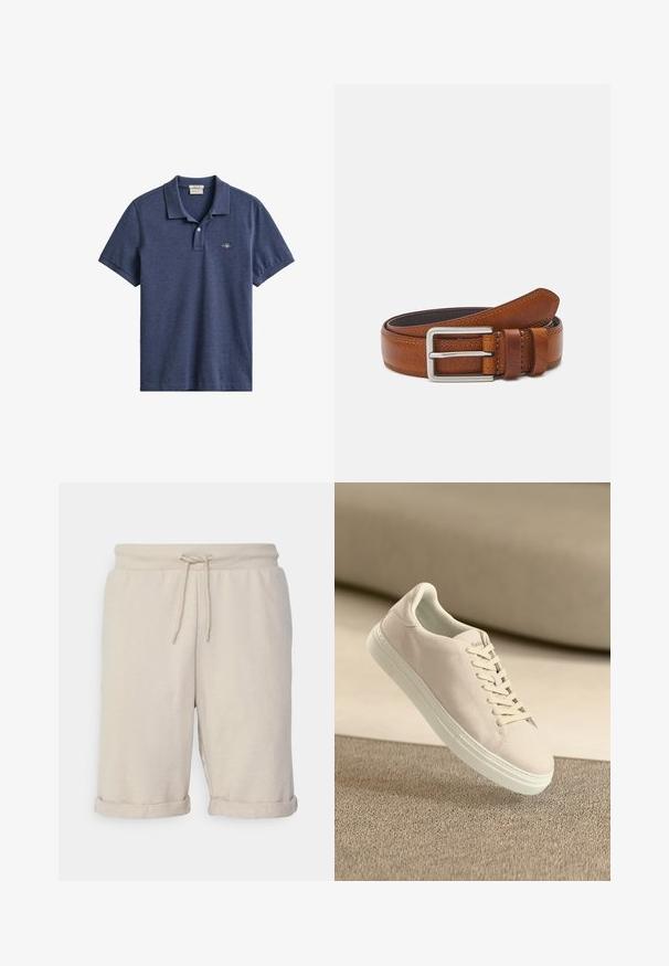 Polo azul marino de manga corta con cuello, tapeta de dos botones y pequeño logo bordado en el pecho izquierdo.; Pantalones cortos de algodón beige con cinturilla ajustable, dobladillos enrollados y una textura suave. Diseño simple sin patrones visibles ni herrajes.; Zapatilla de ante beige con suela y cordones blancos, mostrada flotando sobre una alfombra de textura beige contra un suave fondo beige.; Cinturón de cuero marrón con textura suave, hebilla de metal plateado, bordes cosidos y detalle de bucle, con un extremo afilado.