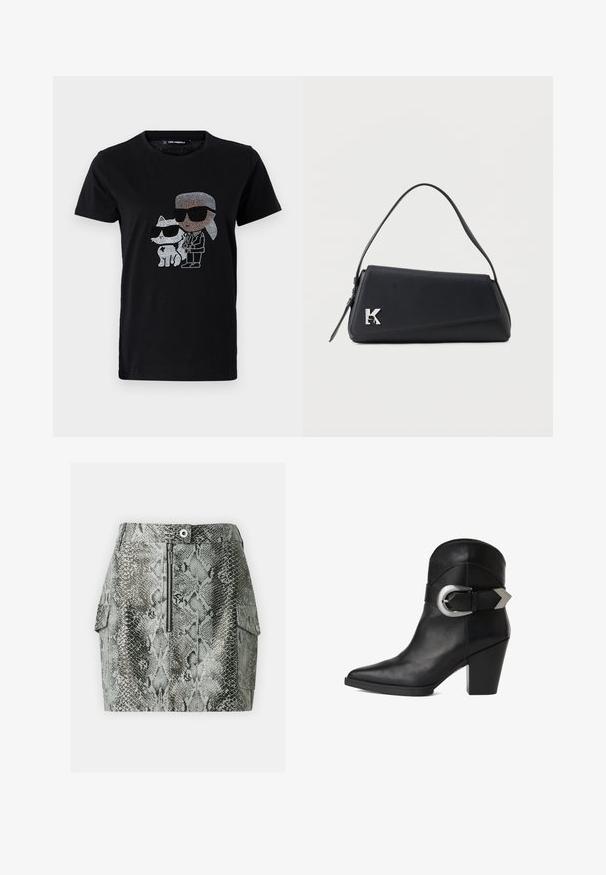 T-shirt en coton noir avec un graphique en strass d'une personne et d'un chat blanc, tous deux portant des lunettes de soleil. Encolure ronde et manches courtes.; Mini-jupe en simili cuir aux motifs peau de serpent gris, avec une fermeture éclair à l'avant, des poches cargo sur les côtés et une texture lisse.; Bottine en cuir noir avec un bout pointu, un talon épais et une large sangle ornée d'une boucle circulaire en argent sur le côté. Texture lisse.; Sac à main en cuir noir avec une bandoulière fine, une fermeture à rabat triangulaire et un détail décoratif argenté en forme de "K" sur le coin avant.