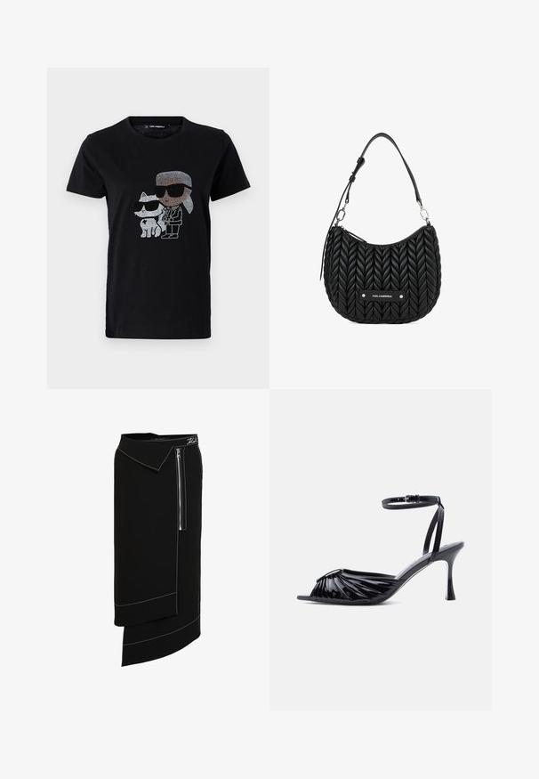 Sort bomulds T-shirt med en rhinestone grafik af en person og en hvid kat, begge iført solbriller. Rund halsudskæring og korte ærmer.; Sort midi-nederdel med bred krave, der har en sidelukning med lynlås, hvide sy-accenter og et asymmetrisk kantdesign. Glat tekstur.; Sort højhælet sandal i laklæder med åben tå, rynket frontdesign og justerbar ankelrem med spænde.; Sort læder hobo taske med flettet tekstur, magnetlukning og en sølv logo-plade foran. Justerbar skulderrem inkluderet.