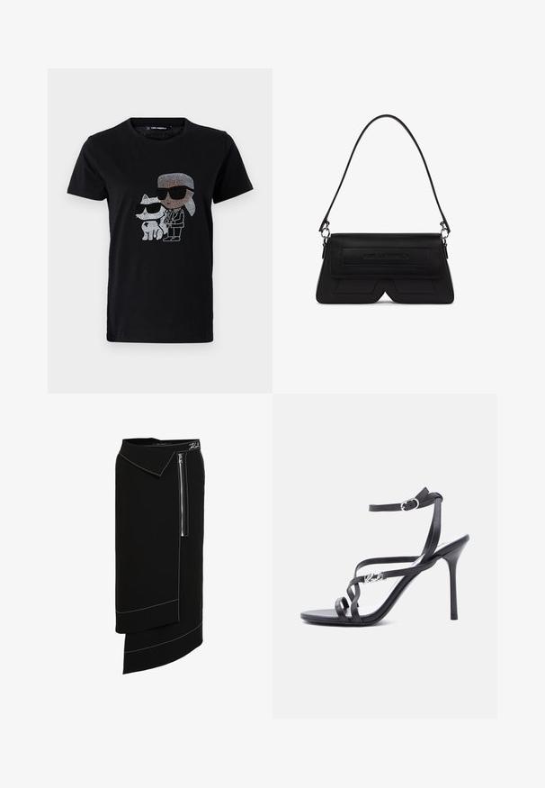Sort bomulds T-shirt med en rhinestone grafik af en person og en hvid kat, begge iført solbriller. Rund halsudskæring og korte ærmer.; Sort midi-nederdel med bred krave, der har en sidelukning med lynlås, hvide sy-accenter og et asymmetrisk kantdesign. Glat tekstur.; Sort højhælet sandal med tynde stropper, ankelspænde og en metal-logo detalje på siden af stroppen, sat mod en hvid baggrund.; Sort skuldertaske formet som en trapez med klap, præget logo foran og en enkelt tynd strop fastgjort med sølvringe.