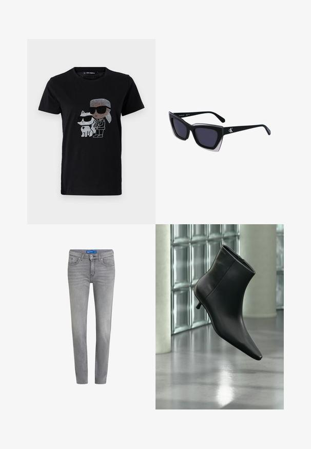 T-shirt en coton noir avec un graphique en strass d'une personne et d'un chat blanc, tous deux portant des lunettes de soleil. Encolure ronde et manches courtes.; Jeans en denim gris avec une coupe slim, dotés de cinq poches, d'une fermeture à bouton à l'avant et d'un léger délavage. Texture lisse, design classique.; Bottine en cuir noir à bout pointu et petit talon kitten, présentée en angle devant un sol poli et un mur en blocs de verre.; Lunettes de soleil noires surdimensionnées avec une forme géométrique, dotées de verres foncés et d'un détail gris contrastant sur la monture. Logo sur la branche.
