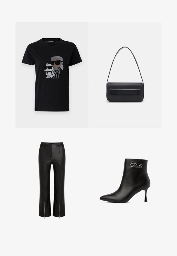 T-shirt en coton noir avec un graphique en strass d'une personne et d'un chat blanc, tous deux portant des lunettes de soleil. Encolure ronde et manches courtes.; Pantalons en cuir noir à la coupe ajustée, avec des ourlets zippés, une taille plate et des détails de couture visibles. Texture lisse sur l'ensemble.; Bottine en cuir noir avec bout pointu, talon fin et boucle décorative argentée sur le côté extérieur près du haut.; Sac à main en cuir noir avec une seule bandoulière, de forme rectangulaire, doté d'un panneau texturé avec le logo "KARL LAGERFELD" en relief à l'avant.