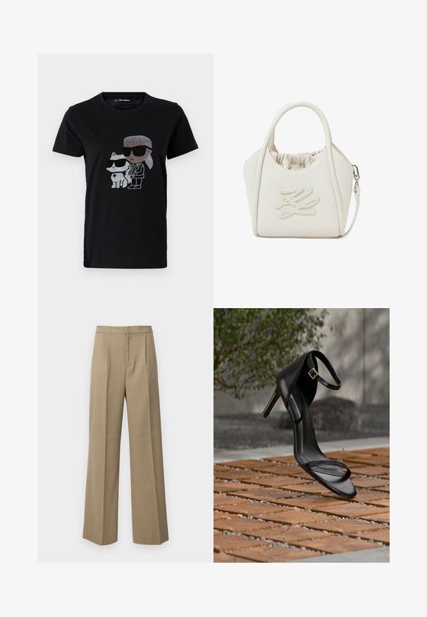 Sort bomulds T-shirt med en rhinestone grafik af en person og en hvid kat, begge iført solbriller. Rund halsudskæring og korte ærmer.; Beige vide ben bukser lavet af et tekstureret stof. Har frontfolder og en flad talje. Ingen synlige lukninger eller lommer.; Sort højhælet sandal med ankelsnor, der ser ud til at svæve over et trægulv udendørs med sløret grønt og sten i baggrunden.; Hvid læderhåndtaske med afrundede håndtag, rynket topåbning, aftagelig rem og syede dekorative initialer på forsiden.