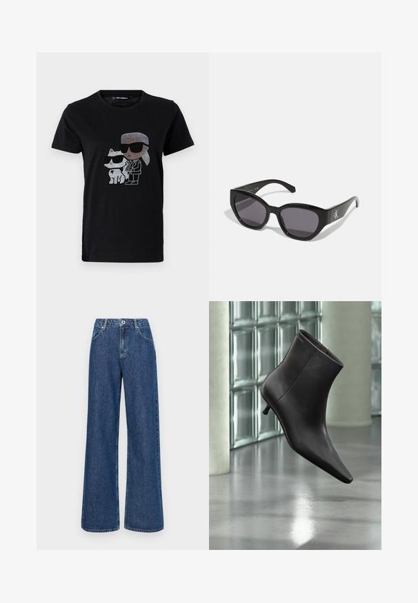 Sort bomulds T-shirt med en rhinestone grafik af en person og en hvid kat, begge iført solbriller. Rund halsudskæring og korte ærmer.; Bredde blå denim jeans med høj talje, udstyret med forlommer og en enkelt knaplukning. Tekstureret stof med synlige sømme.; Sort læderankelstøvle med spids tå og lille hæl vist mod en væg af glasblokke og poleret gulv baggrund.; Sorte solbriller med et strømlinet, vinklet design, mørke linser og et kontrasterende sølvlogo på siden. Glat plastoverflade.