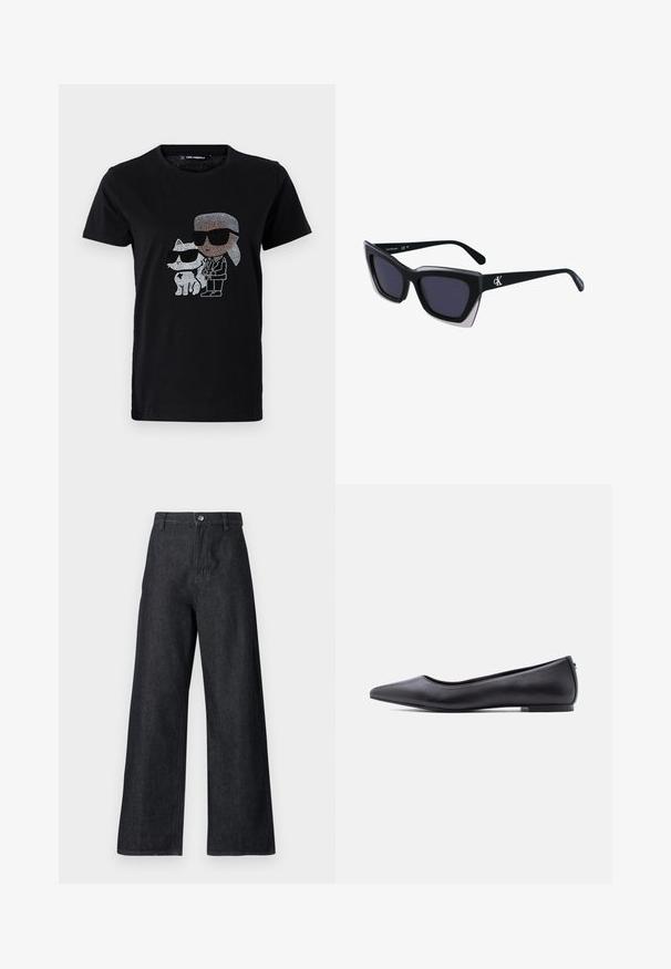 Sort bomulds T-shirt med en rhinestone grafik af en person og en hvid kat, begge iført solbriller. Rund halsudskæring og korte ærmer.; Bredde jeans i mørkeblå. Har høj talje, lynlås i front med en knap, og en glat tekstur med minimale syninger.; Sort flad lædersko med spidst tåparti og lav hæl, vist i sideprofil mod en hvid baggrund.; Store sorte oversized solbriller med geometrisk form, med mørke linser og en kontrasterende grå detalje på stellet. Logo på armen.