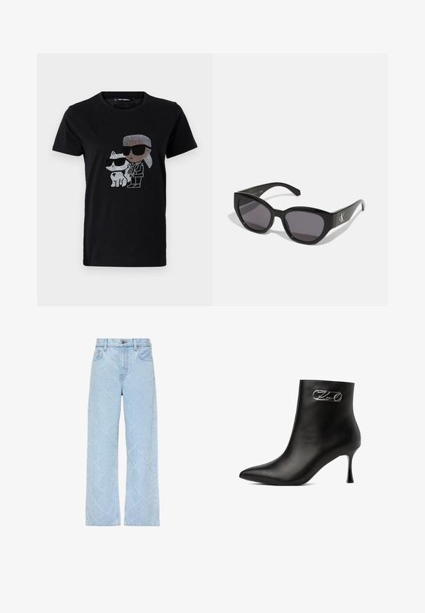 Schwarzes Baumwoll-T-Shirt mit einem Strassmotiv von einer Person und einer weißen Katze, die beide eine Sonnenbrille tragen. Runder Ausschnitt und kurze Ärmel.; Hellblaue Jeans aus Denim mit hoher Taille und weitem Bein, durchgehend mit einem dezenten diamantgesteppten Muster versehen.; Schwarzer Leder-Stiefelette mit spitz zulaufender Zehe, dünnem Absatz und silberner Zierschnalle an der Außenseite nahe dem oberen Rand.; Schwarze Sonnenbrille mit einem schlanken, kantigen Design, dunklen Gläsern und einem kontrastierenden silbernen Logo an der Seite. Glatte Kunststoffoberfläche.