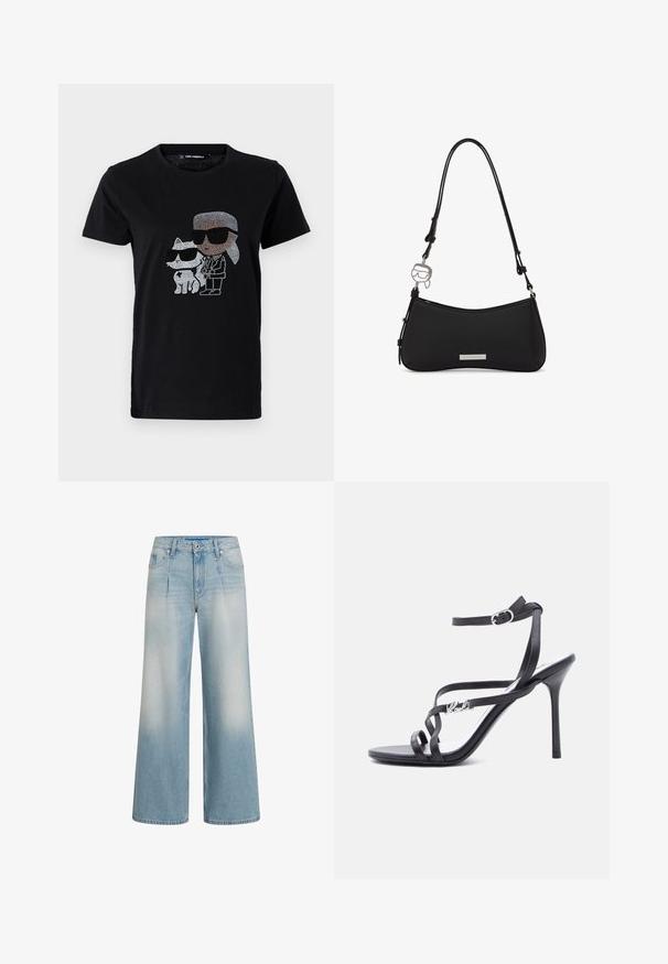 Schwarzes Baumwoll-T-Shirt mit einem Strassmotiv von einer Person und einer weißen Katze, die beide eine Sonnenbrille tragen. Runder Ausschnitt und kurze Ärmel.; Weite Jeans aus hellblauem Denim mit hoher Taille, Falten an der Vorderseite und einer polierten Oberfläche. Leicht fransige Textur.; Schwarze Sandalette mit hohem Absatz, dünnen Riemen, einem Schnallenverschluss am Knöchel und einem Metall-Logodetail am seitlichen Riemen, vor weißem Hintergrund.; Schwarze Schultertasche mit geschwungenem Boden, verstellbarem Riemen, Metall-Logo-Plakette und silbernem Anhänger in Form eines Gesichts mit Sonnenbrille.