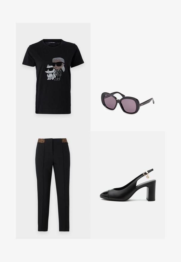Schwarzes Baumwoll-T-Shirt mit einem Strassmotiv von einer Person und einer weißen Katze, die beide eine Sonnenbrille tragen. Runder Ausschnitt und kurze Ärmel.; Schwarze Slim-Fit-Hose mit vorderen Bügelfalten und Leopardenmuster-Bund, vor hellem Hintergrund präsentiert.; Schwarzer Leder-Slingback-Pumps mit Blockabsatz, spitzer Lackspitze, verstellbarem Schnallenriemen und kleinem goldfarbenen Charme-Detail.; Schwarze übergroße Sonnenbrille mit quadratischen Gläsern, dunkelviolettem Farbton, glänzendem Finish, goldenen Akzenten am Scharnier und schlanken schwarzen Bügeln.