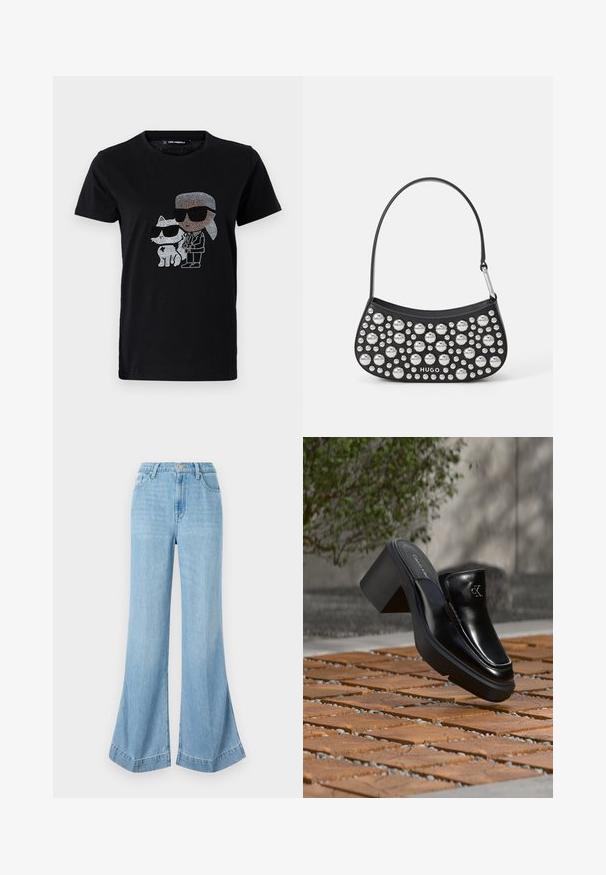 Schwarzes Baumwoll-T-Shirt mit einem Strassmotiv von einer Person und einer weißen Katze, die beide eine Sonnenbrille tragen. Runder Ausschnitt und kurze Ärmel.; Helle blaue Jeans mit weitem Bein im Denim-Stil, hochgeschnitten mit Knopfverschluss, featuring einen sauberen Abschluss und ausgestellt geschnittenem Saum mit seitlichen Schlitzen.; Schwarze Leder-Slip-on-Mule von Calvin Klein mit Blockabsatz, die auf Holzfliesen im Freien nahe einer grünen Pflanze und einer grauen Wand ruht.; Schwarze Lederhandtasche mit geschwungener Form, verziert mit silbernen Nieten in verschiedenen Größen und einem kurzen Tragegurt. "HUGO"-Logo auf der Vorderseite aufgedruckt.