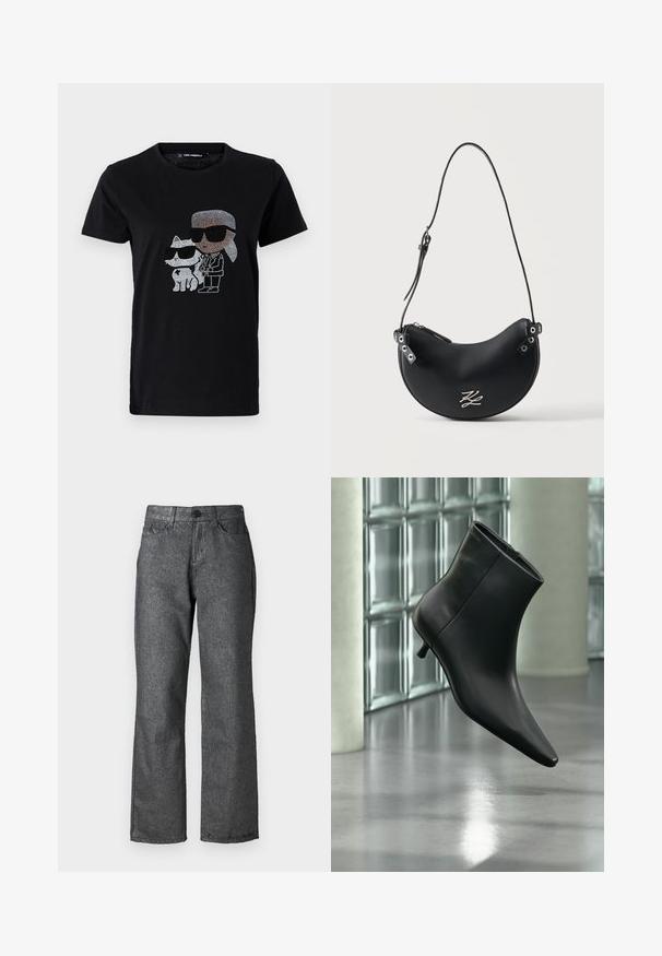 Sort bomulds T-shirt med en rhinestone grafik af en person og en hvid kat, begge iført solbriller. Rund halsudskæring og korte ærmer.; Grå denim jeans med en let glans, lige ben design, fem lommer, knaplukning og synlige søm detaljer.; Sort læderankelstøvle med spids tå og lav kitten-hæ, vist vinklet mod en poleret gulv- og glasblokvæg.; Sort læder skuldertaske i halvmåneform med justerbar tynd rem og lille sølvlogo foran.