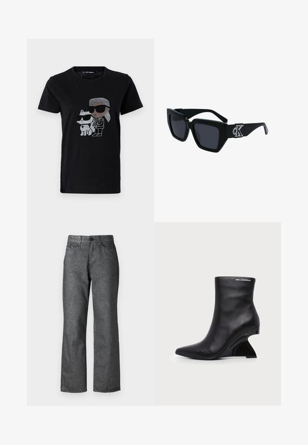 Sort bomulds T-shirt med en rhinestone grafik af en person og en hvid kat, begge iført solbriller. Rund halsudskæring og korte ærmer.; Grå denim jeans med en let glans, lige ben design, fem lommer, knaplukning og synlige søm detaljer.; Sort læderankelstøvle med buet skulptureret hæl og Karl Lagerfeld-logo nær den øverste kant på hvid baggrund.; Sorte solbriller med firkantet stel, mørke linser, mat overflade og detalje med sølv CK-logo på stængerne.
