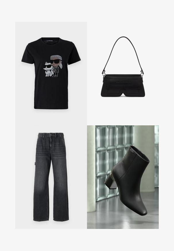 Schwarzes Baumwoll-T-Shirt mit einem Strassmotiv von einer Person und einer weißen Katze, die beide eine Sonnenbrille tragen. Runder Ausschnitt und kurze Ärmel.; Weite Jeans aus dunkelgrauem Denim, mit hoher Taille, Fronttaschen und dezenten Waschungen an den Oberschenkeln. Kontrastierende Nähte.; Schwarzer Leder-Stiefelette mit Blockabsatz, DKNY-Logo nahe oben, dargestellt vor einer Glasblockwand und poliertem Betonboden.; Schwarze, trapezförmige Schultertasche mit Klappe, geprägt Logo auf der Vorderseite und einem einzelnen dünnen Riemen, der mit silbernen Ringen befestigt ist.
