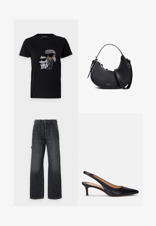 Schwarzes Baumwoll-T-Shirt mit einem Strassmotiv von einer Person und einer weißen Katze, die beide eine Sonnenbrille tragen. Runder Ausschnitt und kurze Ärmel.; Weite Jeans aus dunkelgrauem Denim, mit hoher Taille, Fronttaschen und dezenten Waschungen an den Oberschenkeln. Kontrastierende Nähte.; Schwarzer Leder Slingback-Pump mit spitzer Zehenform, niedrigem Kitten-Absatz und glatter Oberfläche. Verfügt über ein offenes Rückendesign und minimale Nahtdetails.; Schwarze halbmondförmige Lederhandtasche mit doppelten Trägern, silbernem Reißverschluss und dezentem „Karl Lagerfeld Jeans“-Logo vorne.
