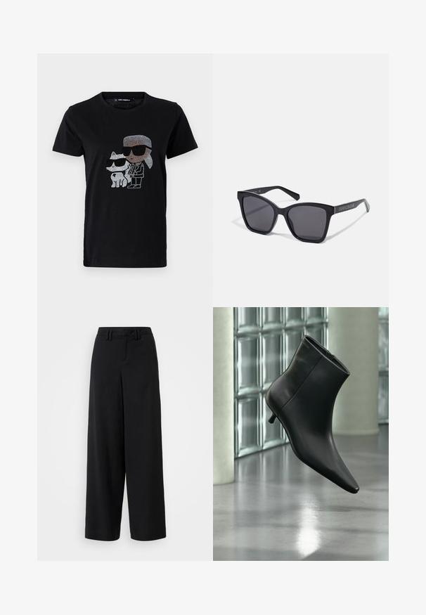 Schwarzes Baumwoll-T-Shirt mit einem Strassmotiv von einer Person und einer weißen Katze, die beide eine Sonnenbrille tragen. Runder Ausschnitt und kurze Ärmel.; Schwarze weite Hosen aus glattem Stoff, mit einem flachen Frontdesign, gefältelten Details und Gürtelschlaufen am Bündchen.; Schwarzer Leder-Stiefelette mit spitzer Zehenpartie und niedrigem Kitten-Heel, schräg dargestellt vor einem polierten Boden und einer Glasbausteinwand.; Schwarze rechteckige Sonnenbrille mit dunklen Gläsern und glänzenden Rahmen. Verfügt über silberne Markenkennzeichnung an der Seite. Quadratische Form mit stabilen Bügeln.