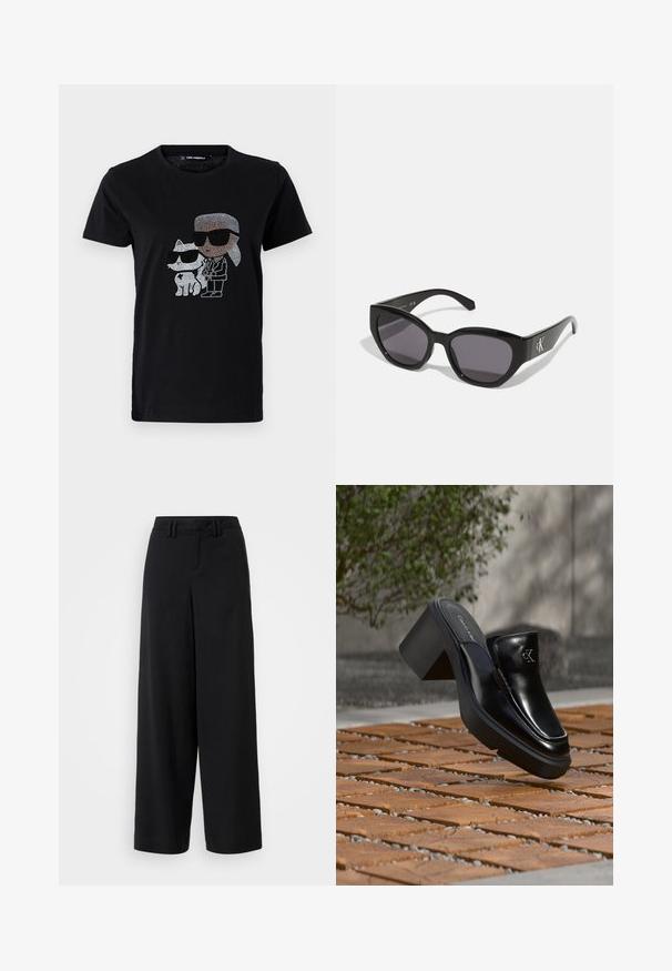 T-shirt en coton noir avec un graphique en strass d'une personne et d'un chat blanc, tous deux portant des lunettes de soleil. Encolure ronde et manches courtes.; Pantalons large en noir en tissu lisse, avec une taille plate, des détails plissés et des passants de ceinture à la taille.; Mule slip-on en cuir noir Calvin Klein avec talon bloc reposant sur des carreaux en bois à l'extérieur près d'une plante verte et d'un mur gris.; Lunettes de soleil noires au design lisse et angulaire, avec des verres foncés et un logo en argent contrastant sur le côté. Texture en plastique lisse.
