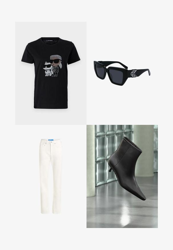 T-shirt en coton noir avec un graphique en strass d'une personne et d'un chat blanc, tous deux portant des lunettes de soleil. Encolure ronde et manches courtes.; Jean en denim beige clair avec une coupe droite, design à cinq poches, fermeture à bouton à l'avant et détails cousus le long des coutures.; Bottine en cuir noir avec bout pointu et petit talon, présentée devant un mur en blocs de verre et un sol poli.; Lunettes de soleil à monture carrée noire avec des verres teintés, texture mate et un détail de logo CK argenté sur la branche.