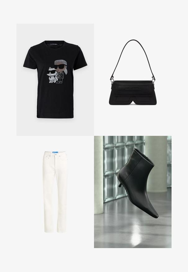 Sort bomulds T-shirt med en rhinestone grafik af en person og en hvid kat, begge iført solbriller. Rund halsudskæring og korte ærmer.; Lys beige denimjeans med lige ben, fem-lommes design, frontlukning med knap og syninger langs sømmene.; Sort læderankelstøvle med spids tå og lav kitten-hæ, vist vinklet mod en poleret gulv- og glasblokvæg.; Sort skuldertaske formet som en trapez med klap, præget logo foran og en enkelt tynd strop fastgjort med sølvringe.