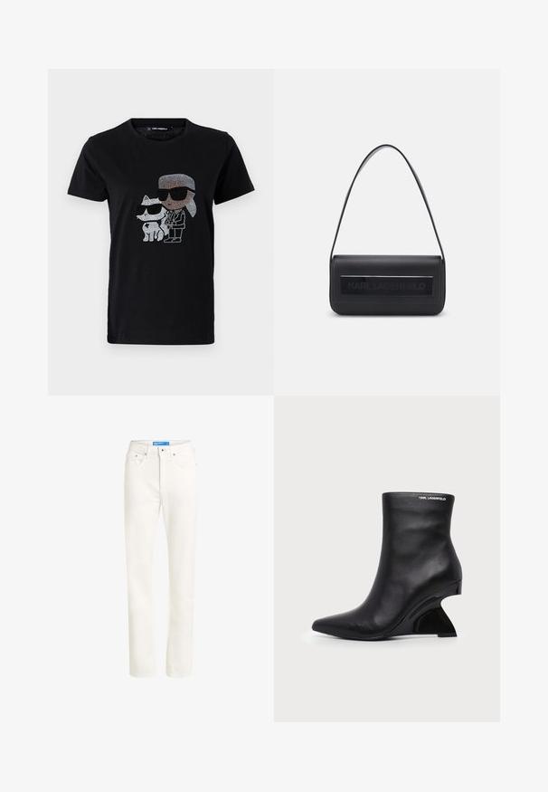 Schwarzes Baumwoll-T-Shirt mit einem Strassmotiv von einer Person und einer weißen Katze, die beide eine Sonnenbrille tragen. Runder Ausschnitt und kurze Ärmel.; Helle beige Jeans aus Denim mit geradem Bein, Fünf-Taschen-Design, vorderer Knopfverschluss und gesteppten Details entlang der Nähte.; Schwarzer Leder-Knöchelstiefel mit geschwungenem skulptiertem Absatz und Karl Lagerfeld-Logo nahe dem oberen Rand auf weißem Hintergrund.; Schwarze Ledertasche mit einem einzigen Schulterriemen, rechteckiger Form, ausgestattet mit einem strukturierten Feld mit dem prägten "KARL LAGERFELD" Logo auf der Vorderseite.