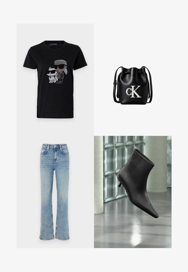 Sort bomulds T-shirt med en rhinestone grafik af en person og en hvid kat, begge iført solbriller. Rund halsudskæring og korte ærmer.; Lyseblå flared jeans lavet af denim, med knaplukning, fem lommer og diskret falmning for et slidt udseende.; Sort læderankelstøvle med spids tå og lille hæl vist mod en væg af glasblokke og poleret gulv baggrund.; Sort læder bucket taske med snørelukning på toppen og hvidt "cK" logo foran, med justerbar skulderrem.