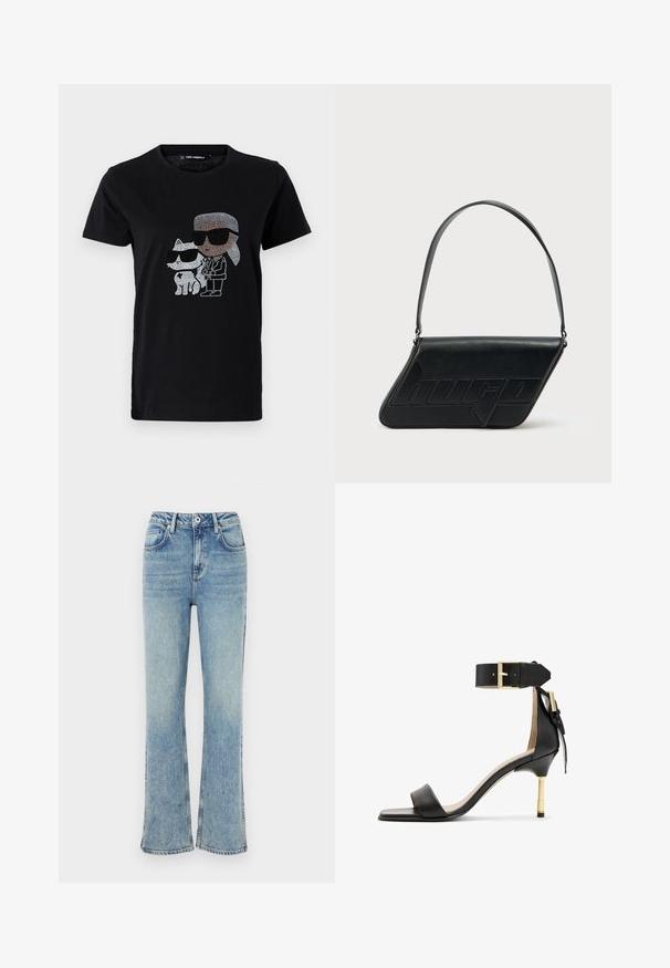 Schwarzes Baumwoll-T-Shirt mit einem Strassmotiv von einer Person und einer weißen Katze, die beide eine Sonnenbrille tragen. Runder Ausschnitt und kurze Ärmel.; Helle blaue Schlagjeans aus Denim, mit Knopfverschluss, fünf Taschen und dezentem Verblassen für einen used Look.; Schwarze Leder-Absatzsandale mit quadrater Zehenform, Fesselriemen mit einer goldenen Schnalle und einem schlanken, metallischen Absatz. Glatte Textur, minimalistisches Design.; Schwarze Leder-Umhängetasche mit dreieckiger Form, geprägt mit Logo und einem einzigen verstellbaren Riemen. Minimalistisches Design mit glatter Textur.