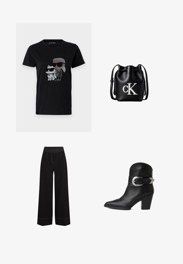 Schwarzes Baumwoll-T-Shirt mit einem Strassmotiv von einer Person und einer weißen Katze, die beide eine Sonnenbrille tragen. Runder Ausschnitt und kurze Ärmel.; Schwarze, weit geschnittene Hosen mit einem strukturierten, elastischen Bund. Verfügt über weiße Nähte entlang der Taschen und Säume. Glatte Stoffoberfläche.; Schwarze Leder-Stiefelette mit spitzer Zehe, klobigem Absatz und einem breiten Riemen mit einer kreisförmigen silbernen Schnalle an der Seite. Glatte Textur.; Schwarze Leder-Bucket-Bag mit Kordelzugverschluss oben und weißem "cK" Logo auf der Vorderseite, mit verstellbarem Schulterriemen.