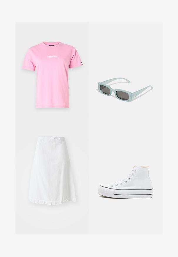 T-shirt en coton rose avec un col rond, des manches courtes et un logo blanc imprimé sur le devant. Texture lisse, coupe décontractée.; Jupe blanche avec taille élastique, présentant un motif texturé et un ourlet festonné en bas. Design simple en A.; Baskets montantes blanches en toile, semelle en caoutchouc noir et bande noire contrastante sur la semelle intermédiaire. Bout rond et design à lacets.; Une paire de lunettes de soleil rectangulaires avec des montures translucides bleu clair et des verres gris foncé, présentant des branches droites et des détails matériels minimaux.