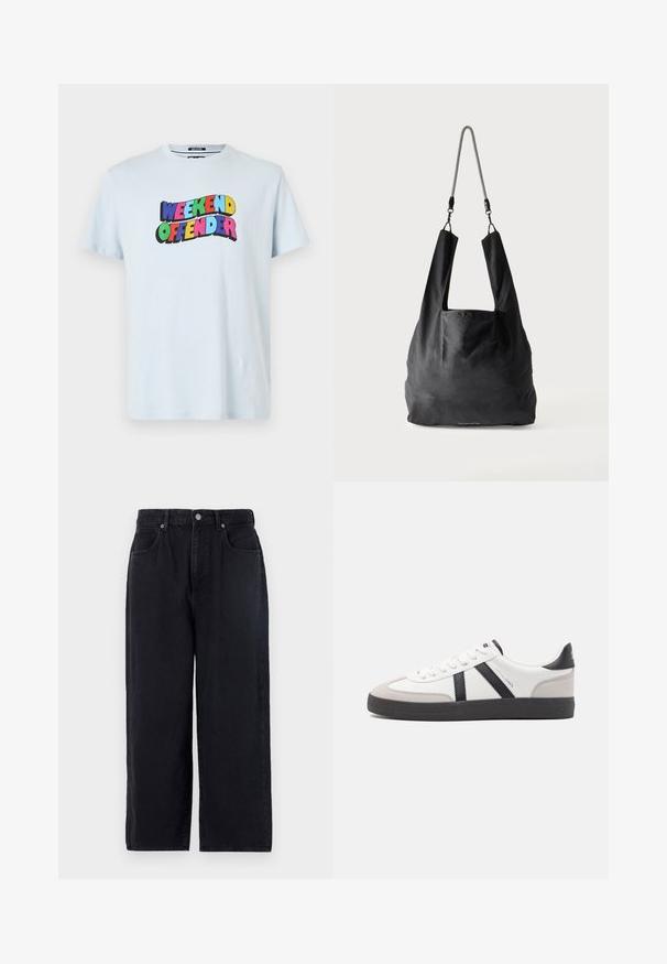 Lyseblå bomulds-t-shirt med et multicoloreret "WEEKEND OFFENDER" grafik trykt hen over brystet i fede, legende skrifttyper.; Sorte denimbukser med lige ben, der har fem lommer, knaplukning og en ren finish. Holdbart stof med en mat tekstur.; Hvide sneakers med sorte og grå detaljer, med en tekstureret grå tåhætte, sort gummisål og flade hvide snørebånd. Rent design, minimalistisk stil.; Sort blød stofnettaske med brede håndtag og en tynd sort-hvid flettet skulderrem.